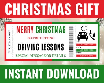 Christmas Driving Lessons Voucher - Christmas Driving Lessons Gift Ticket - Surprise Printable Editable Learn to Drive Template