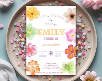 Editable Flowers Birthday Invitation, Spring Floral Birthday Party Invite, Wildflower Invitation, Garden Party Invite, Printable Template