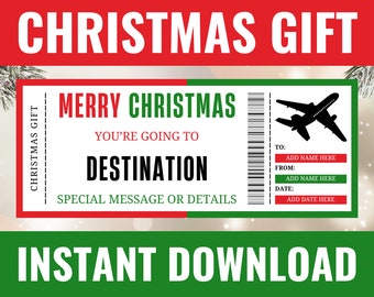 Christmas Boarding Pass Ticket - Christmas Fake Plane Gift Voucher - Surprise Trip Reveal Editable Flight Ticket Holiday Vacation Template