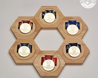 Cadre porte-médailles hexagonal de qualité supérieure – Nid d'abeille en bois – Présentoir pour médailles de sport, course, natation...
