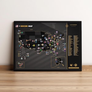 USA - La carte du football des USA - Poster encadré - 30 x 40 cm - Carte du football
