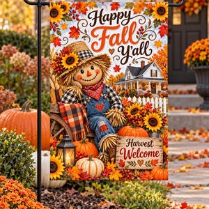 Puede incluir: Una bandera de jardín rectangular con un espantapájaros con sombrero de paja y peto vaquero, rodeado de girasoles, calabazas y hojas de otoño. El texto dice Happy Fall Y'all y Harvest Welcome. La escena incluye una casa y un farol.