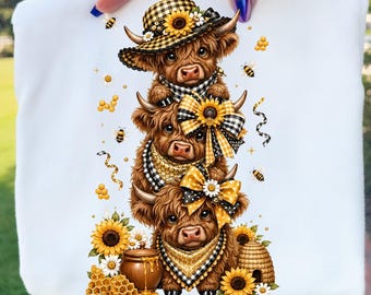 Highland Cow PNG: Sunflower & Honey Bee Clipart, Sublimation Design (Digital Download)