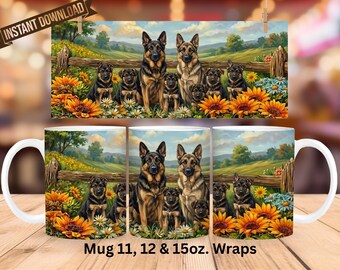 German Shepherd Dogs PNG Mug Wrap Sublimation Design (Digital Download)