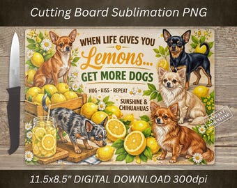 Tabla de cortar con diseño de perro chihuahua (PNG), diseño de limón por sublimación, decoración de cocina (descarga digital)