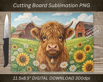 Highland Cow Cutting Board PNG, Sublimation Design, Farmhouse Kitchen Decor (Digital Download)