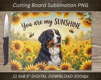 Tabla de cortar con diseño de perro de montaña bernés (PNG), diseño de girasol por sublimación, decoración de cocina (descarga digital).