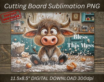 Funny Highland Cow Cutting Board Sublimation PNG, Farmhouse Kitchen Decor (Digital Download)