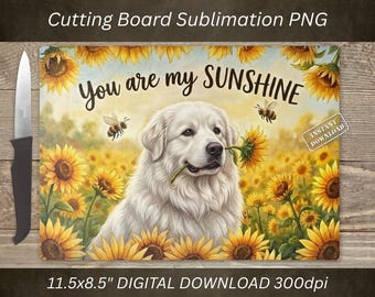 Tabla de cortar con diseño de perro de los Pirineos (PNG), diseño de girasol por sublimación, decoración de cocina (descarga digital)