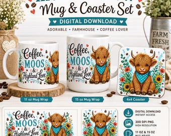 Highland Cow Mug Wrap & Coaster Set, Farmhouse Coffee Lover (Digital Download)