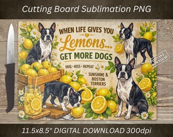 Boston Terrier Dog Cutting Board PNG, Lemon Sublimation Design, Kitchen Decor (Digital Download)