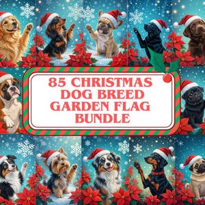 Peut inclure: Un ensemble de 85 drapeaux de jardin de races de chiens de Noël. Chaque drapeau présente une race de chien différente portant un bonnet de Père Noël, entourée de poinsettias rouges et de flocons de neige. Les drapeaux ont un thème de vacances festif.