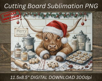 Christmas Highland Cow Cutting Board Sublimation PNG, Farmhouse Kitchen Decor (Digital Download)
