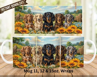 Diseño PNG para envolver tazas con imágenes de perros salchicha de pelo largo (descarga digital)