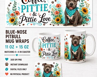 Pitbull Dog PNG Mug Wrap Bundle, 11oz 15oz,  Coaster (Digital Download)
