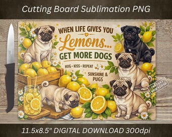 Tabla de cortar con diseño de perro pug PNG, diseño de limón por sublimación, decoración de cocina (descarga digital)