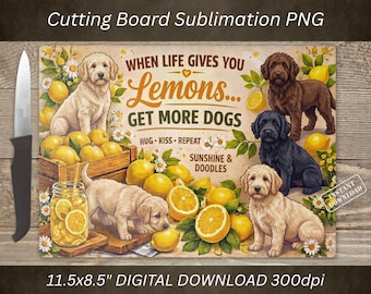 Tabla de cortar con diseño de perro Goldendoodle en formato PNG, diseño de limón por sublimación, decoración de cocina (descarga digital).