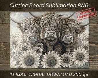 Highland Cow Cutting Board Sublimation PNG, Farmhouse Kitchen Decor (Digital Download)