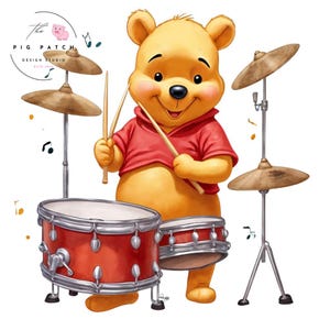Winnie the Pooh clipart, Cute Winnie the Pooh png, Drums png, cute cartoon character, transparent design, instant download, sublimation