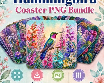 13 Sublimation Square Coasters, Colorful Hummingbirds, Coaster Design, PNG Download