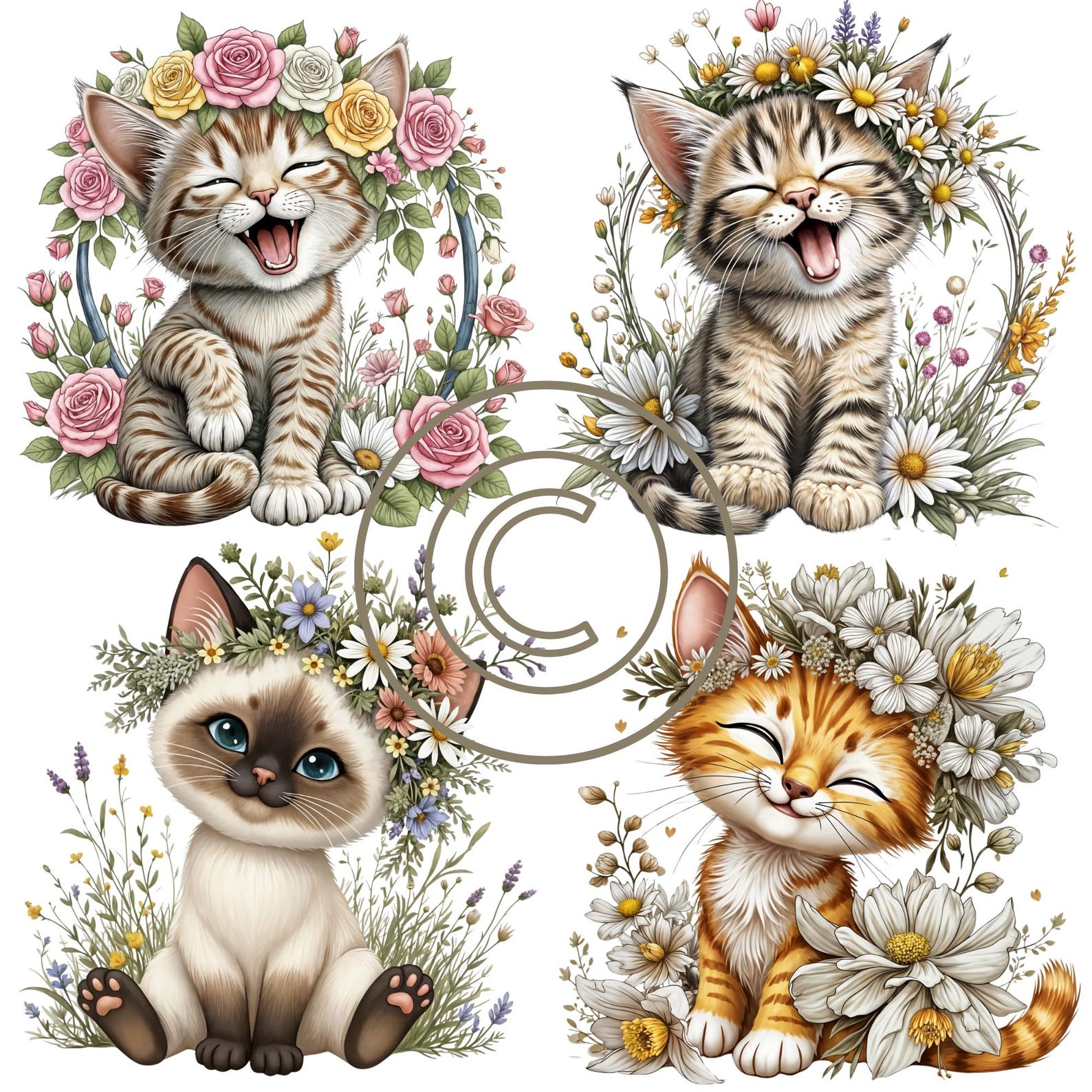 Floral Cat Clipart PNG Bundle, Kitten With Flowers (digital Download ...