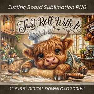 Pode incluir: Tábua de corte retangular com uma vaca Highland de desenho animado usando chapéu de chef e avental, rolando massa com um rolo. A tábua tem o texto "Just Roll With It" e mede 29,2 x 21,6 cm.