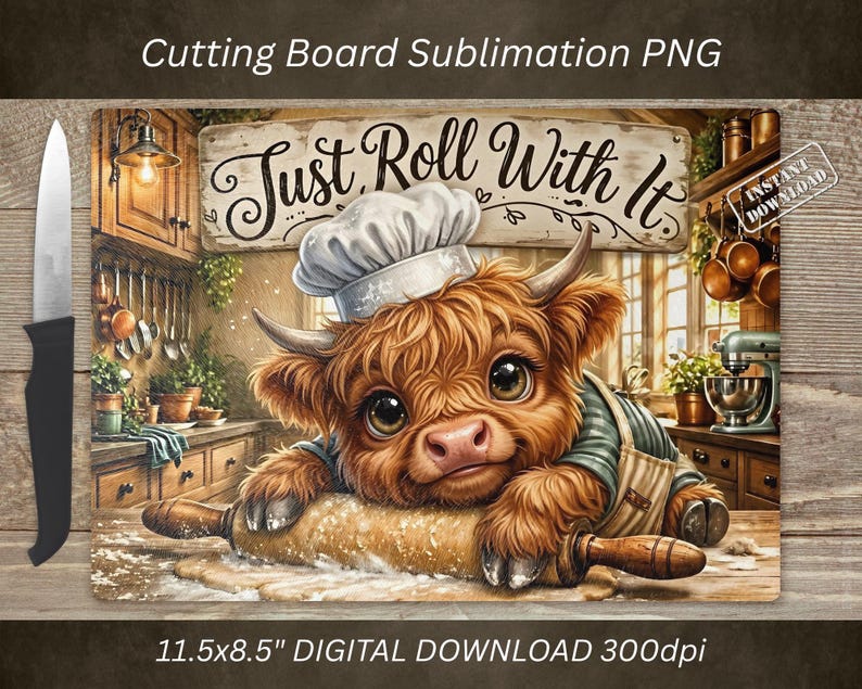 Puede incluir: Tabla de cortar rectangular con un dibujo de una vaca de las Tierras Altas con gorro y delantal de chef, rodando masa con un rodillo. La tabla tiene el texto "Just Roll With It" y mide 29,2 x 21,6 cm.