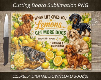 Tabla de cortar con diseño de perro salchicha (PNG), diseño de limón por sublimación, decoración de cocina (descarga digital)