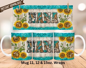 NANA Girasoles Abejas PNG Diseño Western para Sublimación de Tazas (Descarga Digital)