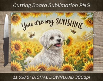 Tabla de cortar con diseño de perro maltés en formato PNG, diseño de girasol para sublimación, decoración de cocina (descarga digital).