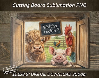Tabla de cortar con diseño de animales de granja (PNG), diseño para sublimación, decoración de cocina rústica (descarga digital)
