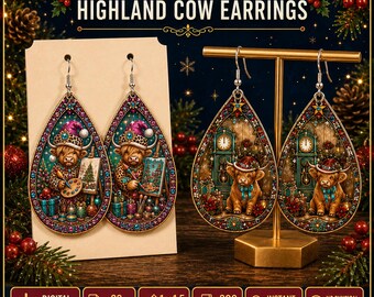 Highland Cow Teardrop Earring PNG Bundle, Christmas Sublimation Design (Digital Download)