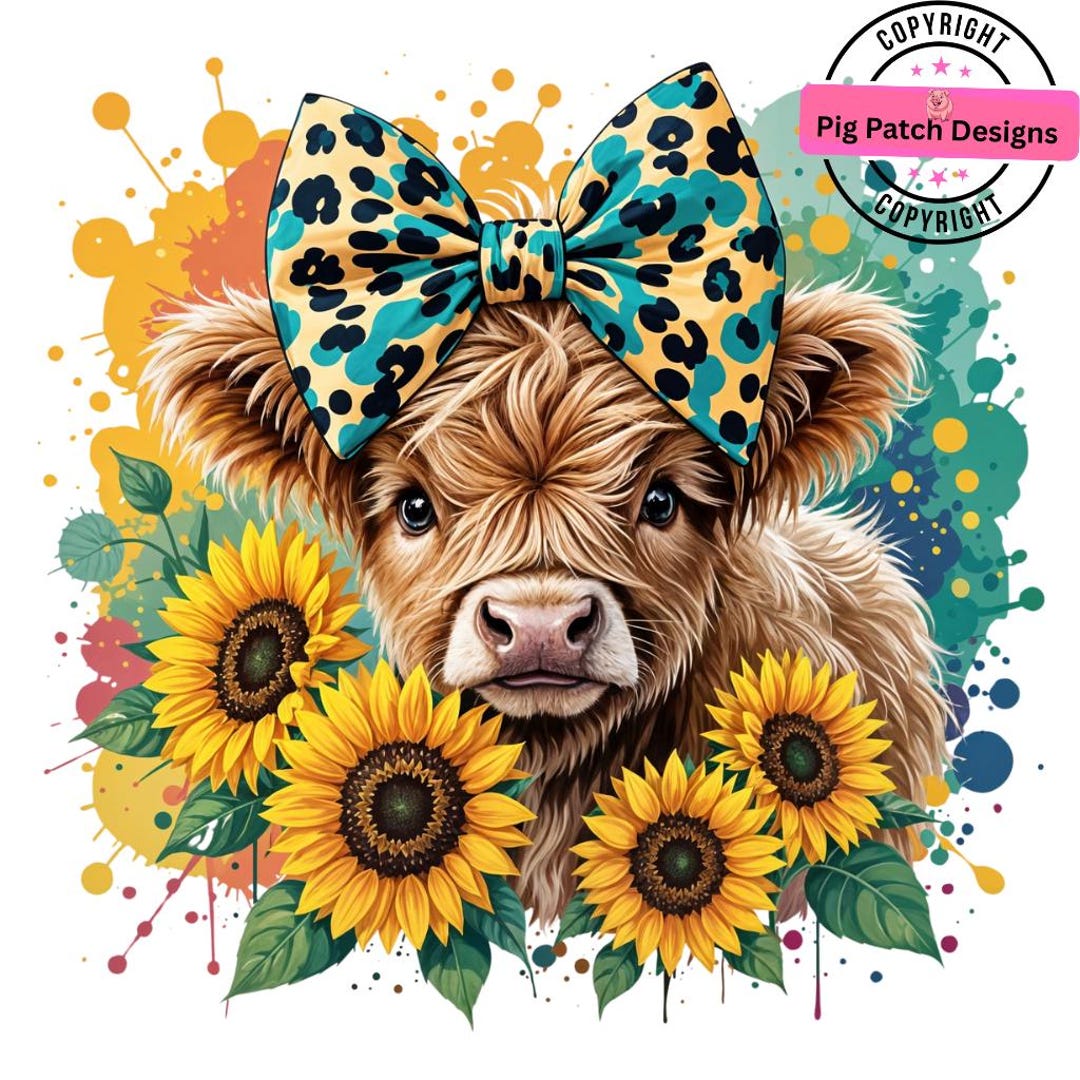 Highland Cow With Sunflowers PNG, Coquette Bow, Sublimation Design ...