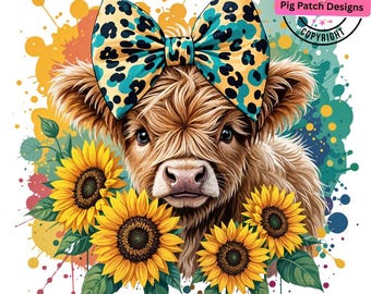 Highland Cow with Sunflowers PNG, Coquette Bow, Sublimation Design (Digital Download)