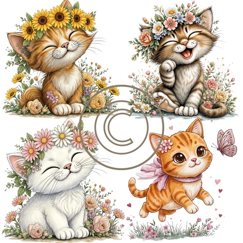 Floral Cat Clipart PNG Bundle, Kitten With Flowers (digital Download ...