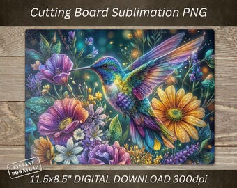 Tabla de cortar con diseño floral de colibrí (PNG), diseño para sublimación, decoración de cocina (descarga digital)