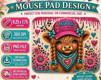 Highland Cow Mouse Pad Template PNG, Mousepad Sublimation Design (Digital Download 9.5x8.1")