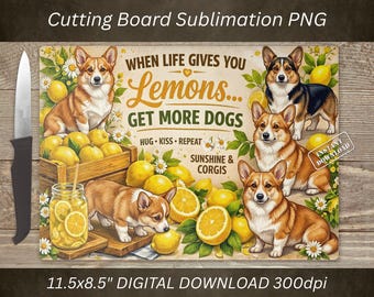 Tabla de cortar con diseño de perro Corgi (PNG), diseño de limón por sublimación, decoración de cocina (descarga digital)