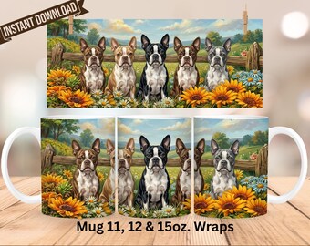 Diseño PNG para envolver tazas con perros Boston Terrier (descarga digital)