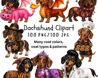 Dachshund Clipart Bundle, Halloween Design, Sausage Dog PNG & JPG Set (200 Files)