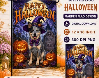 Blue Heeler Cattle Dog Garden Flag: Halloween PNG File (Digital Download, 12"x18")