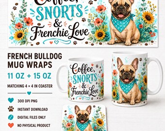 French Bulldog Dog PNG Mug Wrap Bundle, 11oz 15oz,  Coaster (Digital Download)