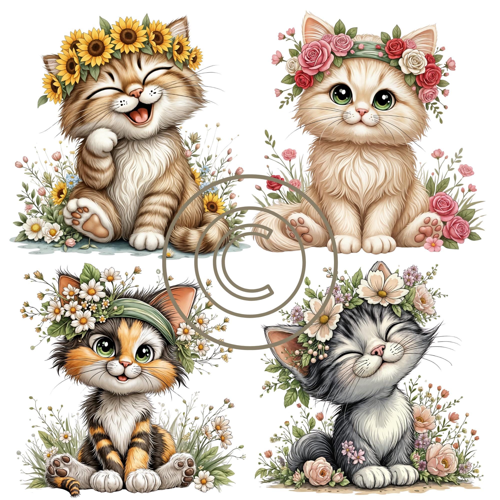 Floral Cat Clipart PNG Bundle, Kitten With Flowers (digital Download ...