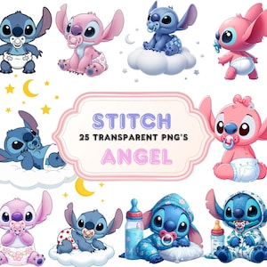 May include: A collection of cartoon illustrations of the character Stitch in various poses. The images feature Stitch in blue and pink, wearing diapers and holding pacifiers. The text "STITCH 25 TRANSPARENT PNG'S ANGEL" is also present.