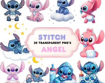 Stitch & Angel Clipart: Baby Cartoon PNG Files (25 Digital Images)