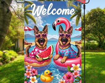 Bandera de jardín con perro pastor alemán PNG: Archivo de plantilla de verano (descarga digital, 12"x18")