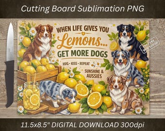 Tabla de cortar con diseño de perro pastor australiano PNG, diseño de limón por sublimación, decoración de cocina (descarga digital)
