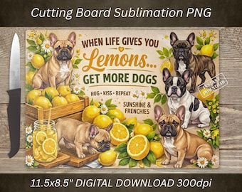 French Bulldog Cutting Board PNG, Lemon Sublimation Design, Kitchen Decor (Digital Download)