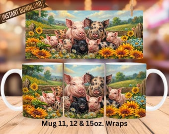 Diseño PNG de cerdos de granja para envolver tazas mediante sublimación (descarga digital)