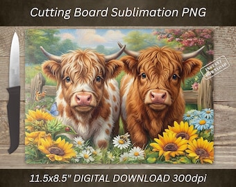 Tabla de cortar con diseño de vacas de las Tierras Altas (PNG), diseño para sublimación, decoración de cocina rústica (descarga digital).